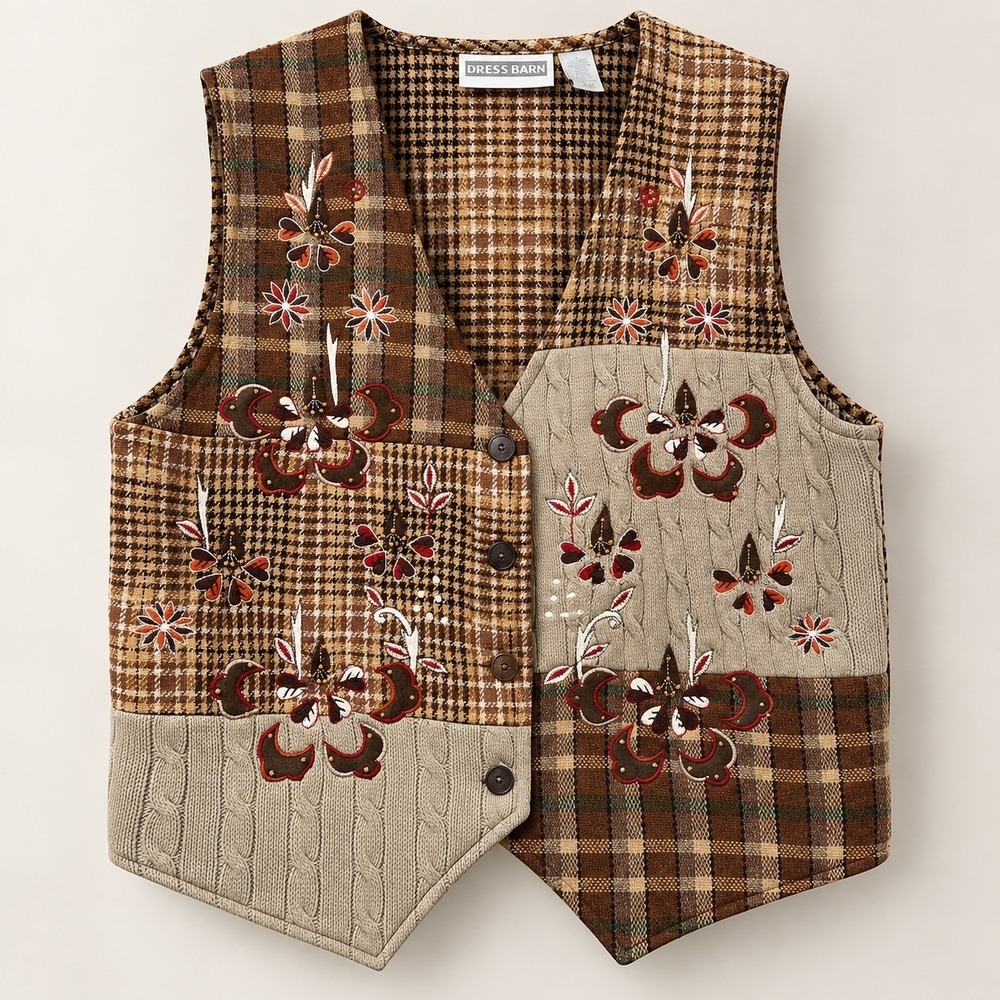 Vtg Patchwork Plaid Sweater Vest Women L Floral Embroidered Eclectic Grandpa